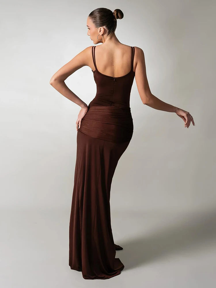 EVERLY BROWN DRAPED MAXI DRESS