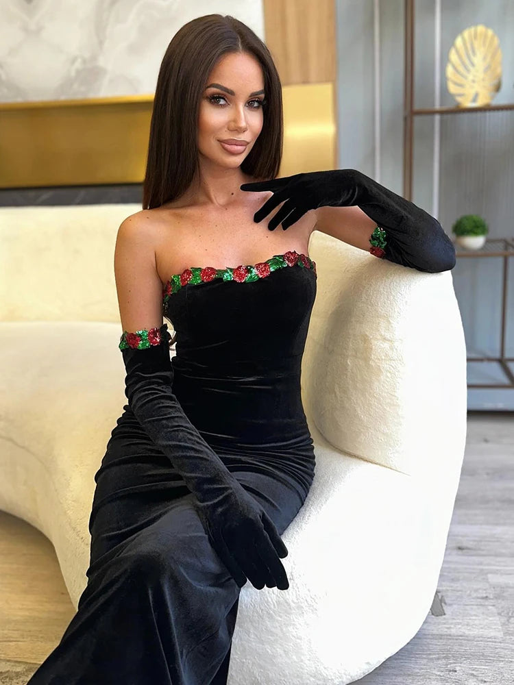 MORGAN BLACK VELVET STRAPLESS DRESS