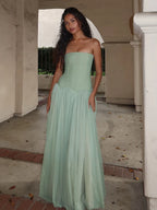 LOISE GREEN STRAPLESS TULLE MAXI DRESS