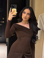 LAURA OFF-SHOULDER BROWN MAXI DRESS