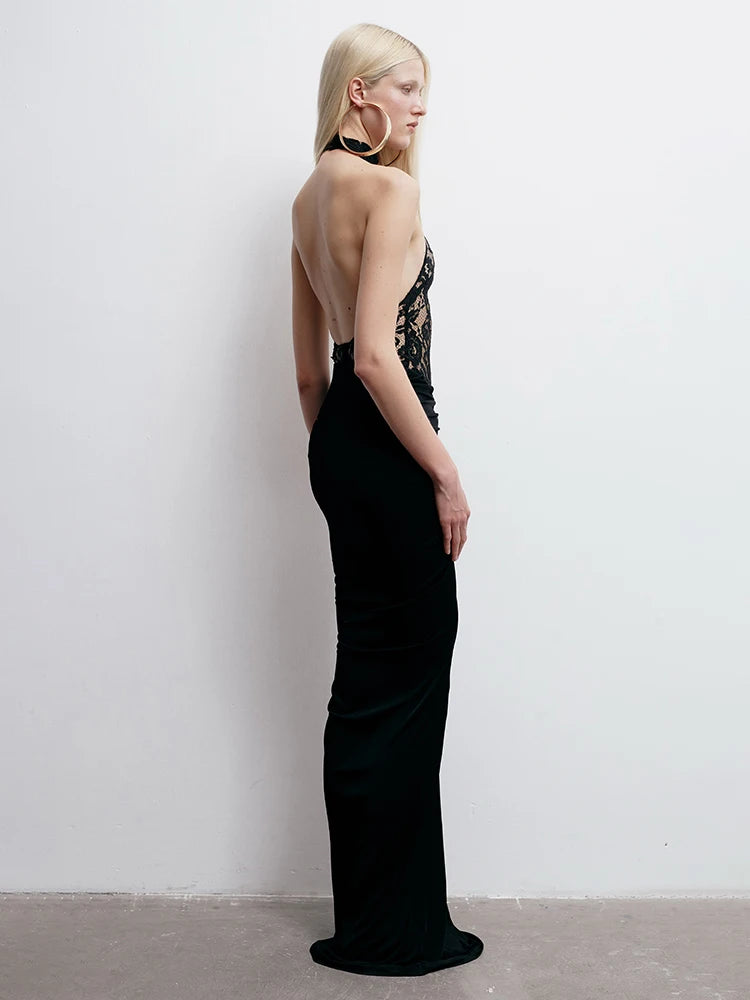 SABIN BLACK LACE HALTER DRESS GOWN