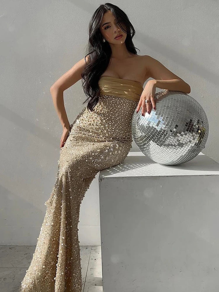 CHERYL GOLD PEARL STRAPLESS DRESS GOWN
