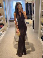VIKTORIA BROWN HALTER NECK RUCHED MAXI DRESS