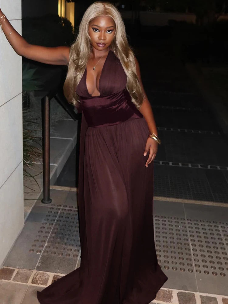 BONNIE ELEGANT BURGUNDY CHIFFON MAXI DRESS