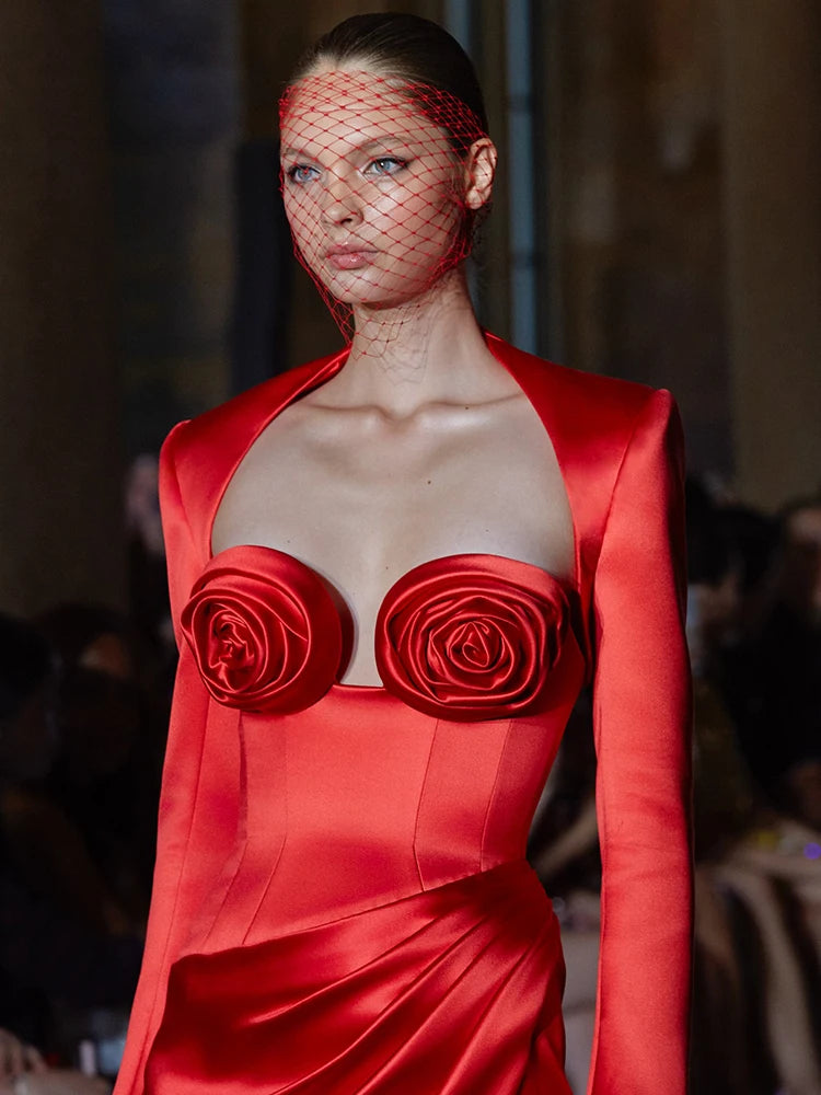 ANITA RED ROSE LONG SLEEVE DRESS GOWN