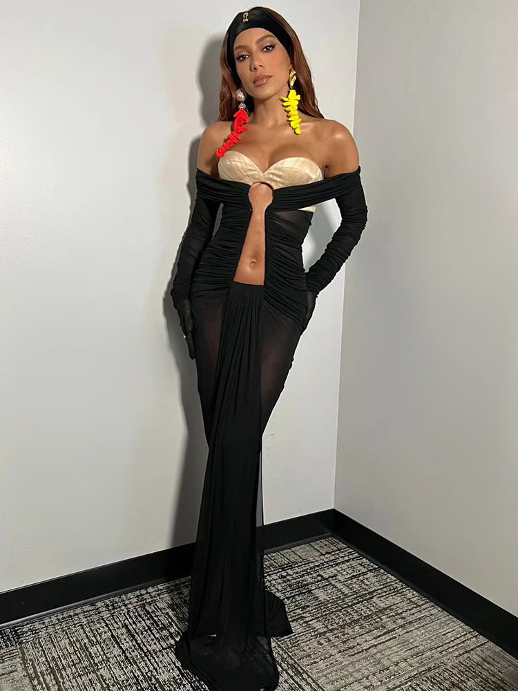 YURI BLACK OFF SHOULDER MESH DRESS