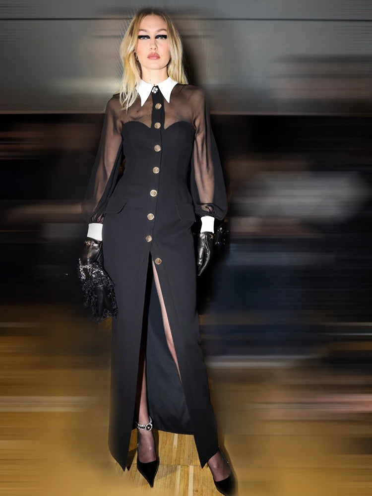 NICOLE BLACK MESH LONG DRESS