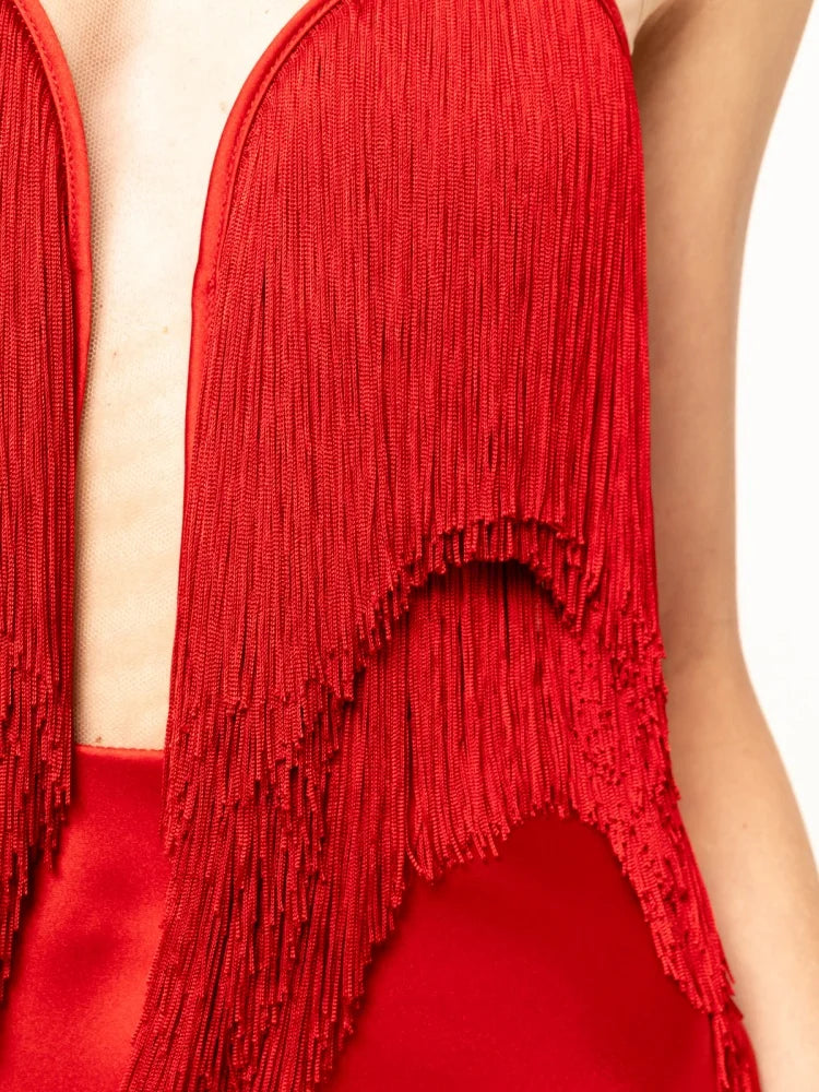 ALLEGRA RED STRAPLESS TASSEL MAXI DRESS