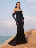 MELISSA WHITE BLACK STRAPLESS WITH GLOVES WEDDING DRESS GOWN