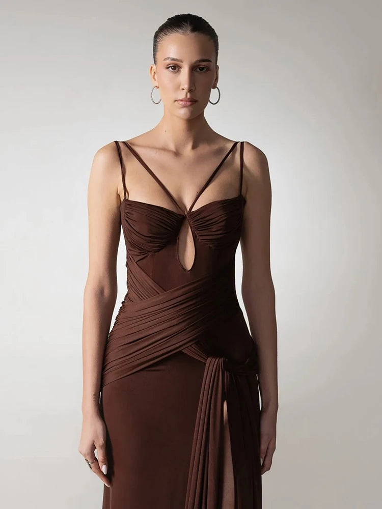 EVERLY BROWN DRAPED MAXI DRESS