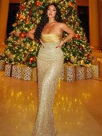 CHERYL GOLD PEARL STRAPLESS DRESS GOWN