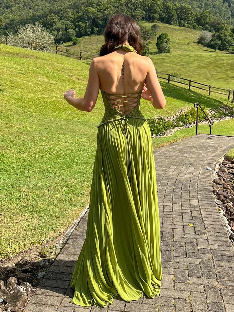 AROTURE OLIVE GREEN HALTER MAXI DRESS