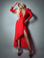 AFIA  RED LONG SLEEVES V NECK DRESS
