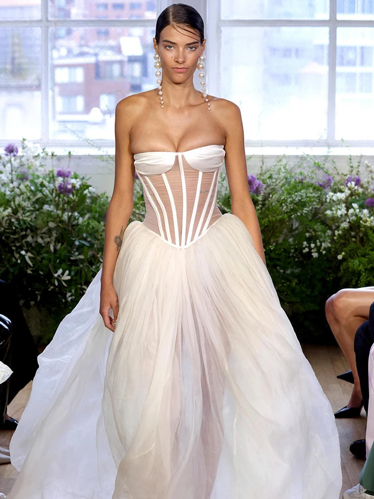 IRAIAH WHITE STRAPLESS MESH DRESS