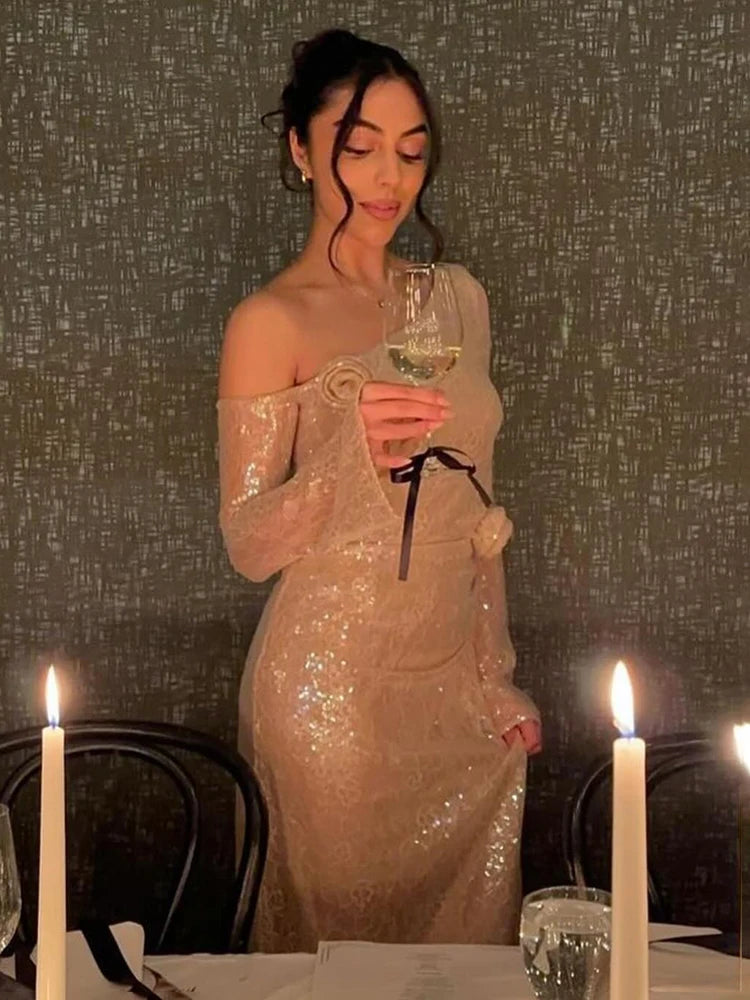 MARLY SEQUIN ONE SHOULDER LONG SLEEVE DRESS GOWN