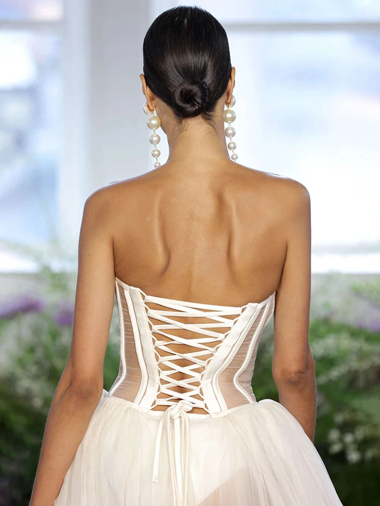 IRAIAH WHITE STRAPLESS MESH DRESS