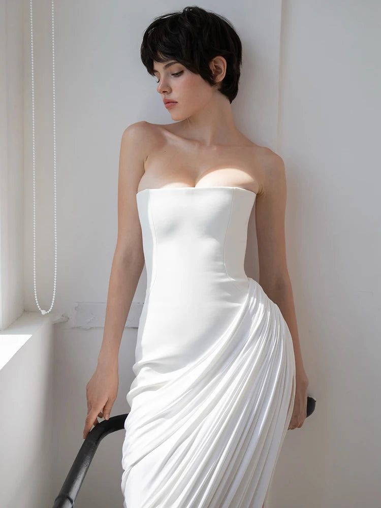 YARA WHITE DRAPED STRAPLESS MAXI DRESS