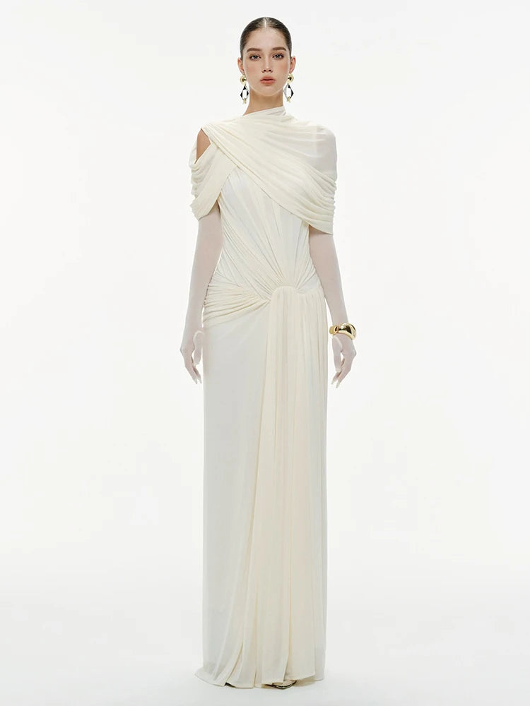 SHARON ELEGANT WHITE DRAPED MAXI DRESS