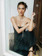 SANLLI BLACK A-LINE MIDI DRESS
