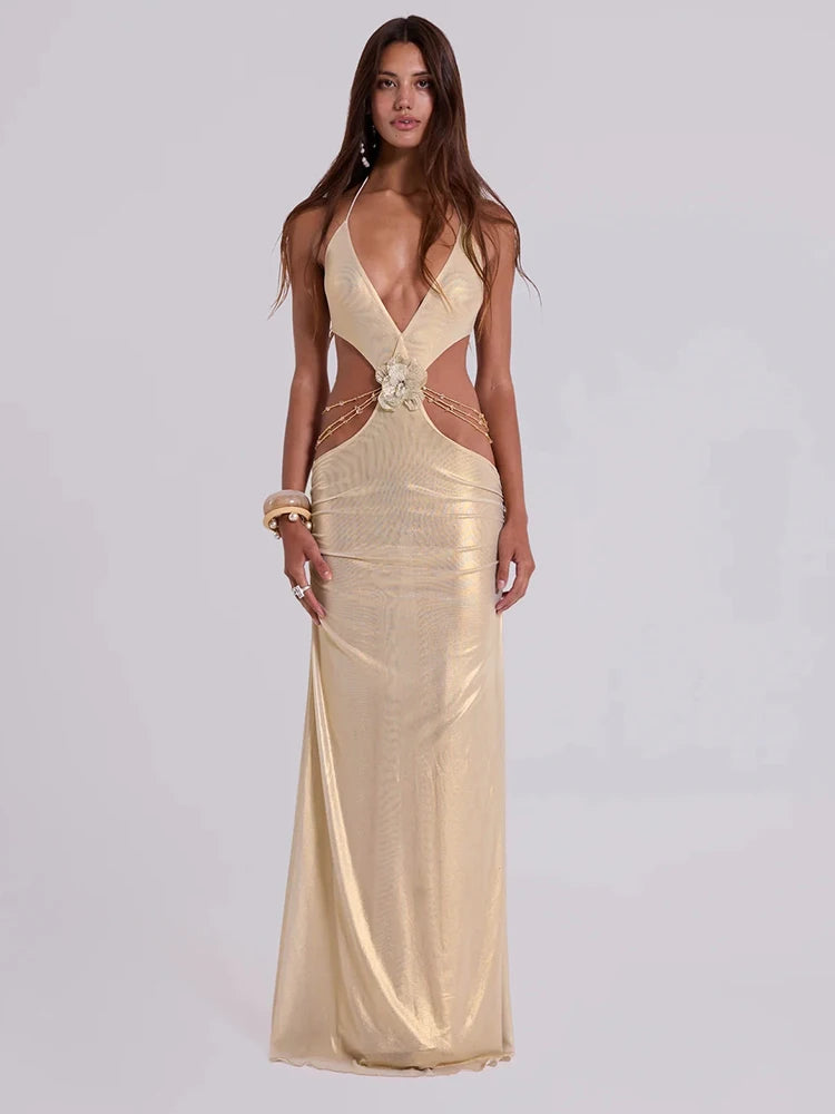 SOPHIA GOLD HALTER MAXI DRESS