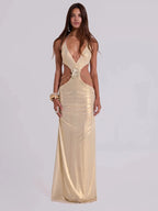 SOPHIA GOLD HALTER MAXI DRESS