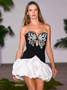 SIMONA BLACK BUTTERFLY SEQUIN STRAPLESS MINI DRESS