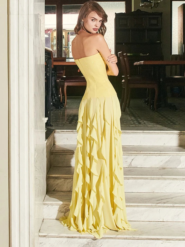 SARUKA YELLOW STRAPLESS RUFFLE MAXI DRESS