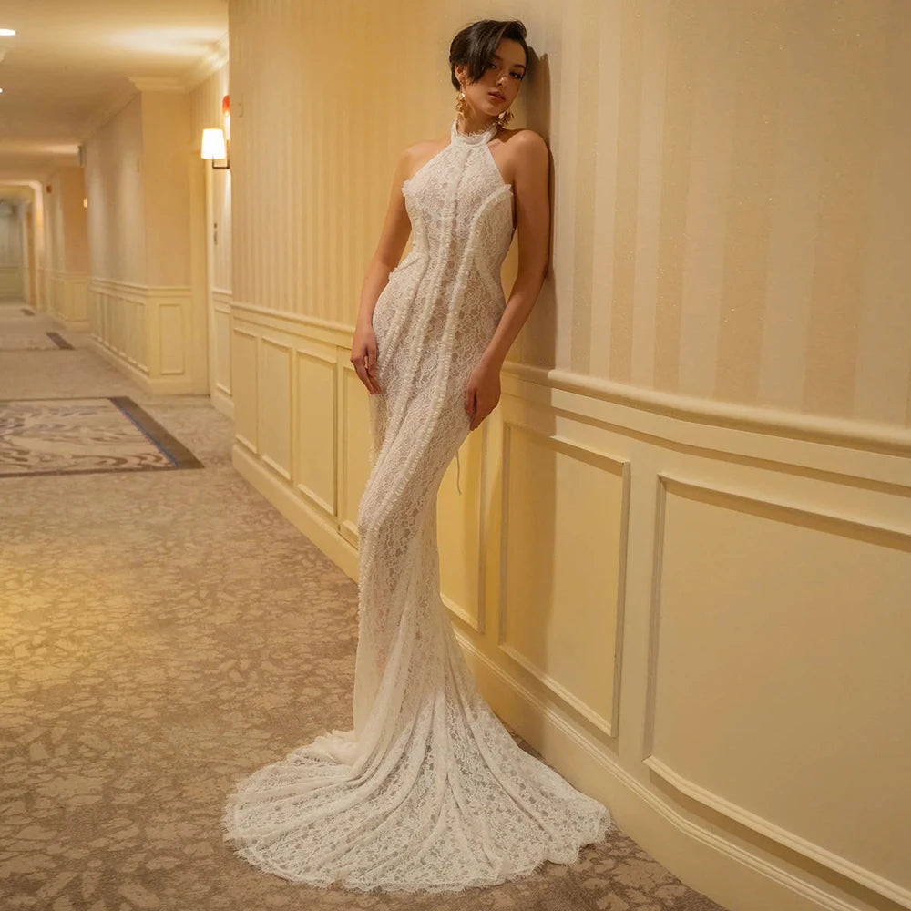 SHANTA WHITE LACE HALTER DRESS