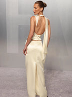 KAY SATIN HALTER NECK TWO PIECE MAXI SKIRT SET