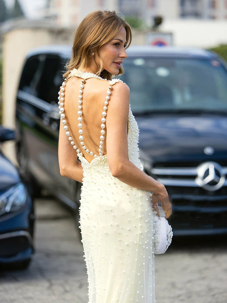 AYANNA SEXY PEARL MESH MAXI DRESS