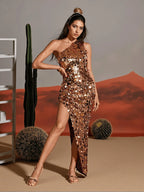 JECYKA GOLD ONE SHOULDER SEQUINS MAXI DRESS