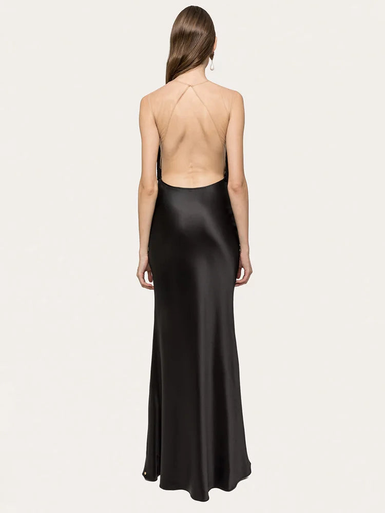 SARAH BLACK SATIN FRINGE MAXI DRESSES