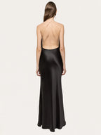 SARAH BLACK SATIN FRINGE MAXI DRESSES