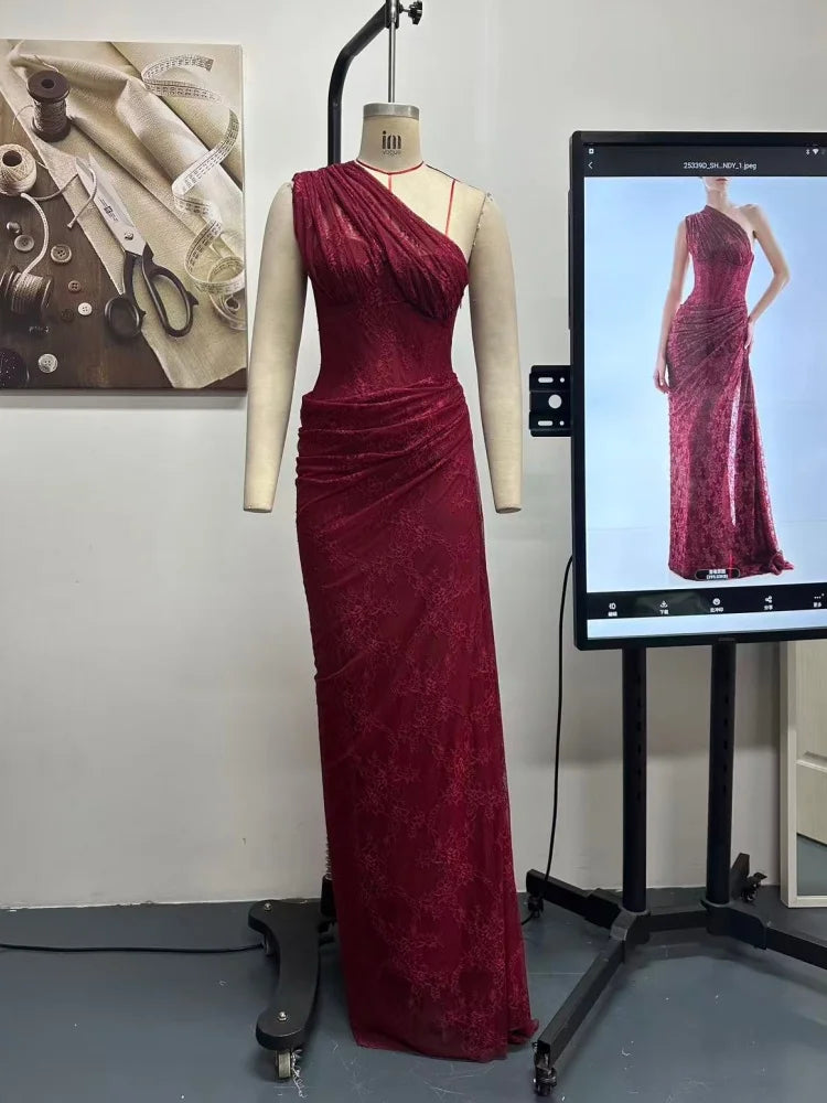 ELENI VINTAGE BROWN ONE SHOULDER LACE MAXI DRESS