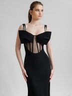 CYNTHINA BLACK BOW MESH DRESS GOWN