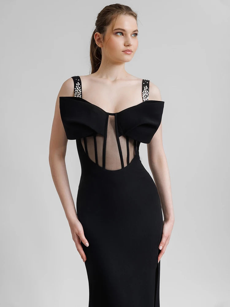 CYNTHINA BLACK BOW MESH DRESS GOWN
