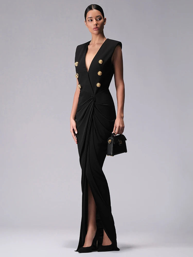 AREEAL BLACK SLEEVELESS WITH THICK PADDED SHOULDERS LONG DRESS