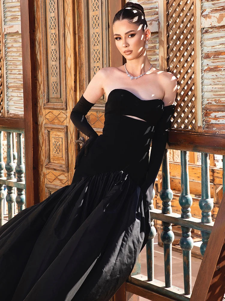WISSAL BLACK HOLLOWED OUT MAXI DRESS