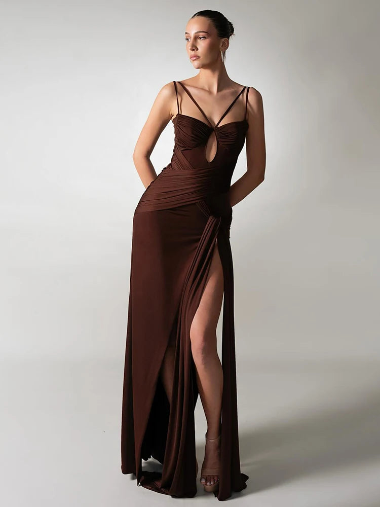 EVERLY BROWN DRAPED MAXI DRESS
