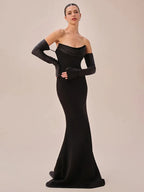 MELISSA WHITE BLACK STRAPLESS WITH GLOVES WEDDING DRESS GOWN