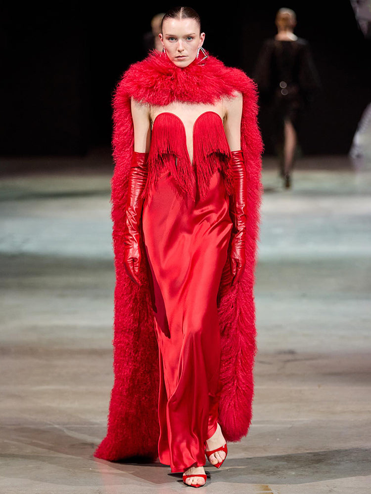 ALLEGRA RED STRAPLESS TASSEL MAXI DRESS