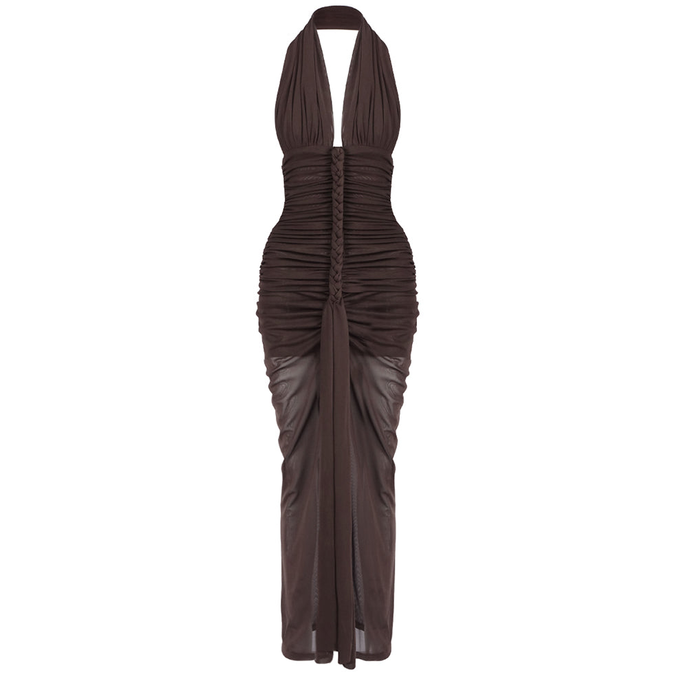 VIKTORIA BROWN HALTER NECK RUCHED MAXI DRESS