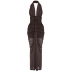 VIKTORIA BROWN HALTER NECK RUCHED MAXI DRESS