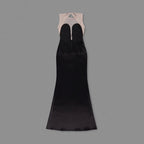 SARAH BLACK SATIN FRINGE MAXI DRESSES