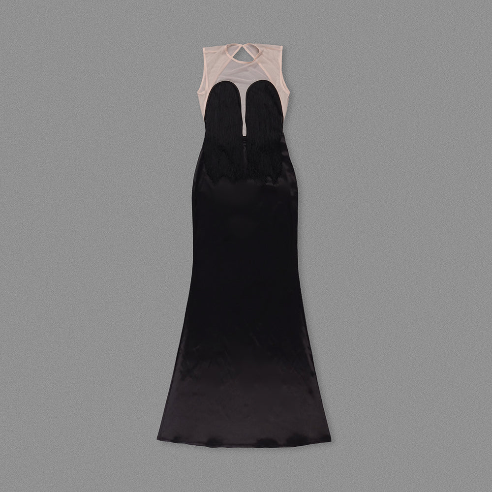 SARAH BLACK SATIN FRINGE MAXI DRESSES