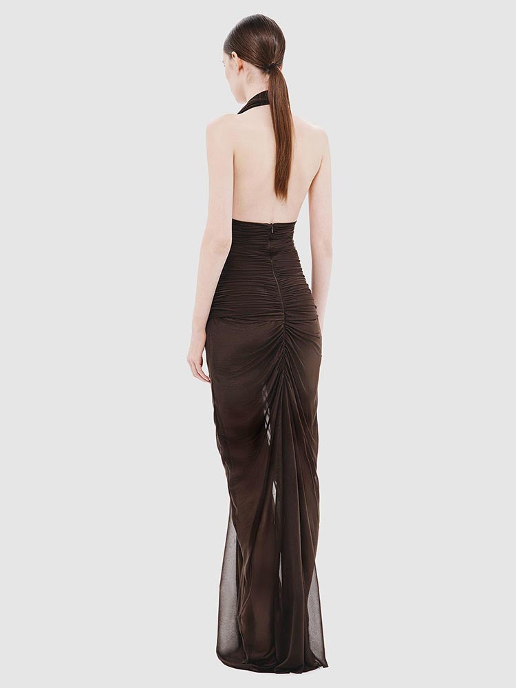 VIKTORIA BROWN HALTER NECK RUCHED MAXI DRESS