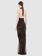 VIKTORIA BROWN HALTER NECK RUCHED MAXI DRESS
