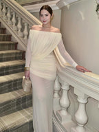 BIANKA ELEGANT OFF SHOULDER PINK MAXI DRESS