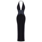 VALANTEENA DEEP V DENIM PATCHWORK MAXI DRESS