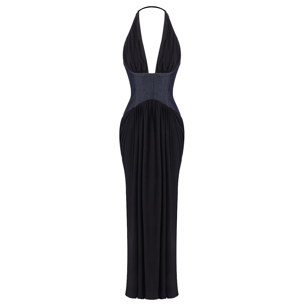 VALANTEENA DEEP V DENIM PATCHWORK MAXI DRESS